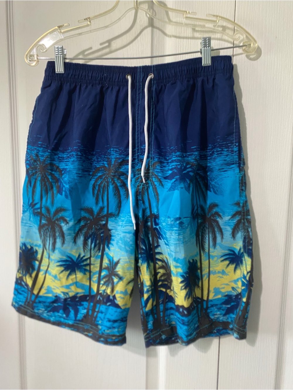 Men's Blue Tropical Palm Print Swim Trunks